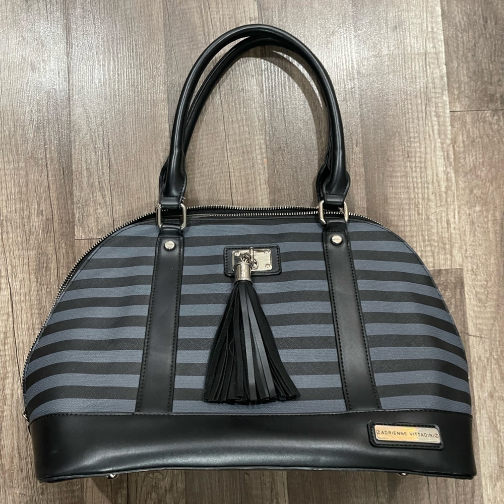 NWOT Adrienne Vittadini grey domed satchel bag grey black striped designer Alma